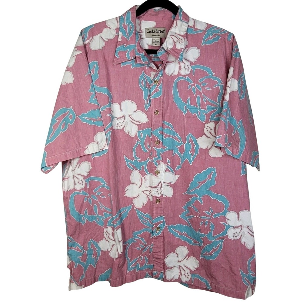 Vintage Mens Cooke Street Honolulu Pink Tropical Hawaiian Shirt XL 100% Cotton
